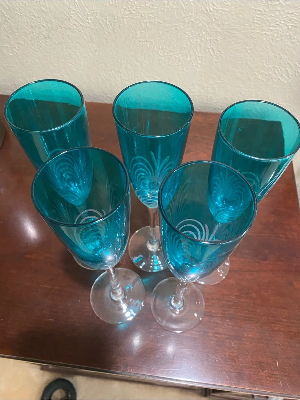 Vintage, Set of 5, Pier 1, Pavo Aqua Crystal Champagne Glasses